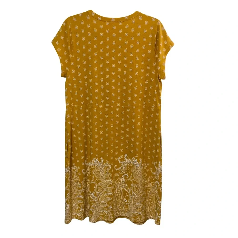 J Jill Mustard Yellow Paisley Pintuck Dress Pocket Stretch Office Artsy Womens M - Picture 3 of 10